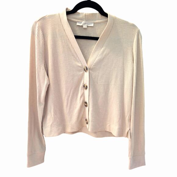 LOFT Ribbed Knit Cream Beige Button Cardigan V-Neck Cropped Stretchy Small S - Picture 1 of 6